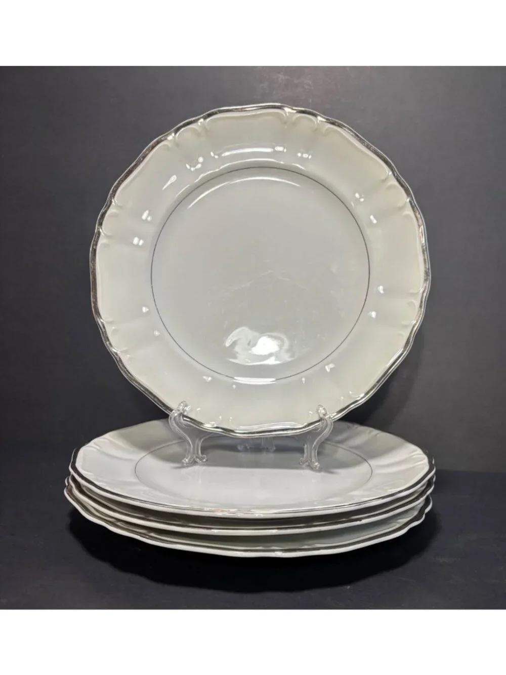 Harmony House Silver Sonata Set Of 4 Fine China Dinner Plates Japan Vintage 60s